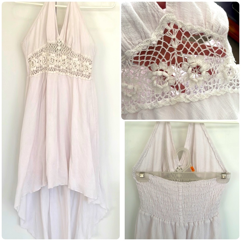 Custom Made White Lace Halter Dress High Low Cut Out Back Beach One Size